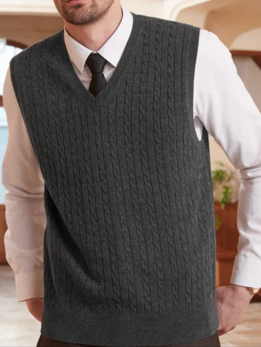 Geoffrey Beene Men's Charcoal V-Neck Ribbed Knit  Sweater Vest
